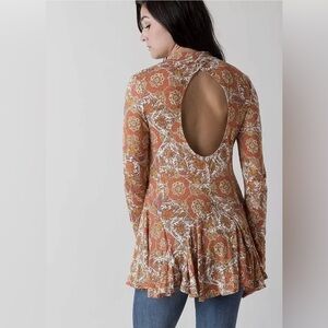 Free People Orange Floral Geometric Mock Neck Tunic Top | Long Sleeve | Size XS